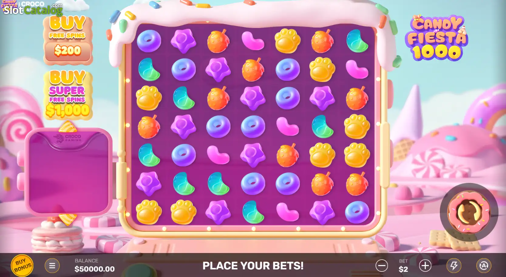 Candy Fiesta 1000 slot gameplay showing 7x7 grid with candy symbols and multiplier spots active