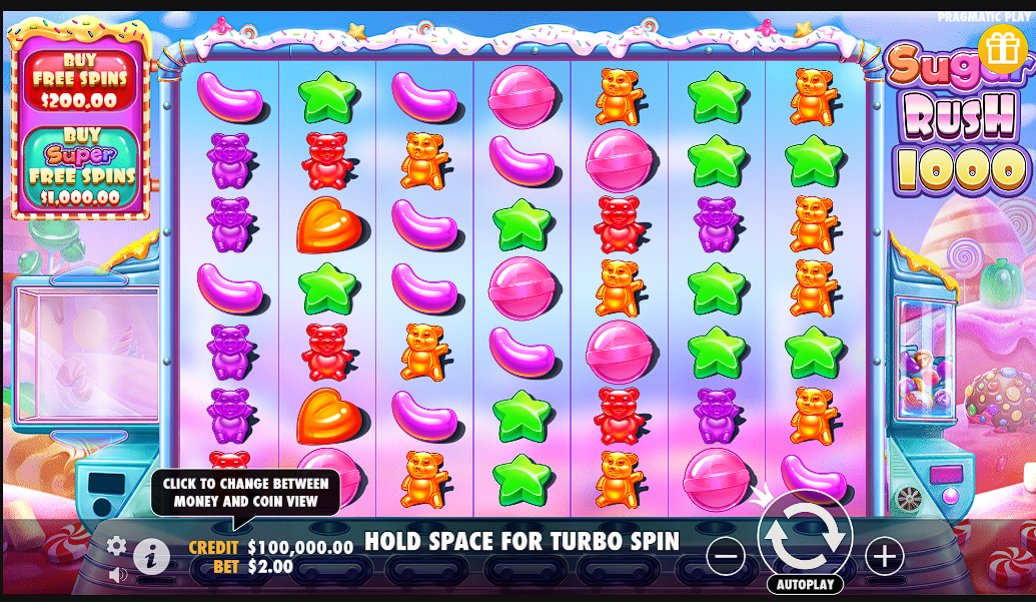 Sugar Rush 1000 slot gameplay showing 7x7 candy grid with active multiplier spots during Free Spins